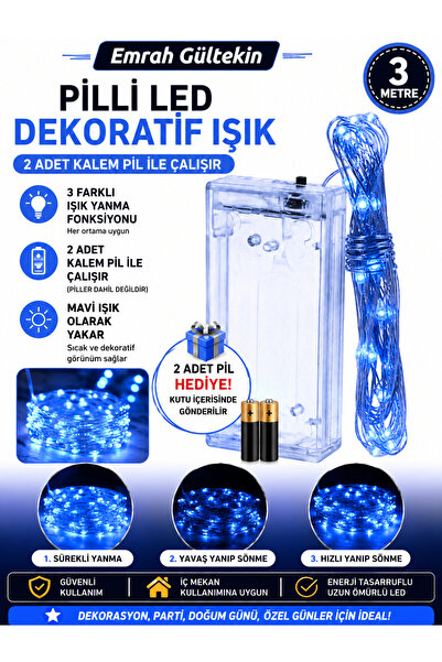 Emrah Gültekin 3 Metre Pilli LED Dekoratif Işık 3 Modlu Peri Led İç Mekan Ayd...