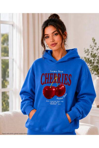 TREND EMMODA Women's Oversize Cherries Printed Hooded Kangaroo Pocket Sweatsh...