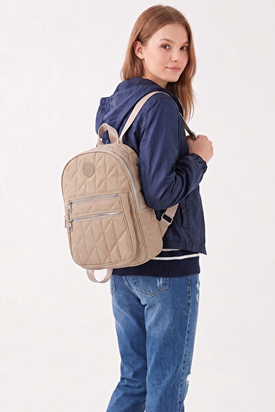 Luvenis Rucsac unisex cu 3 compartimente, matlasat, crem, cu model - Geantă d...