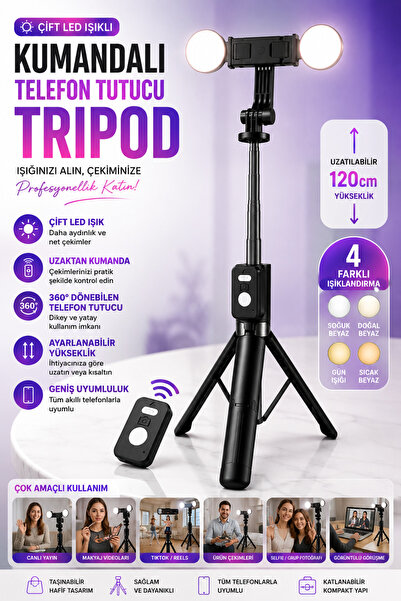 MPIA Kumandalı Çift LED Işıklı Telefon Tutucu Tripod 360° Döner Ayarlanabilir...