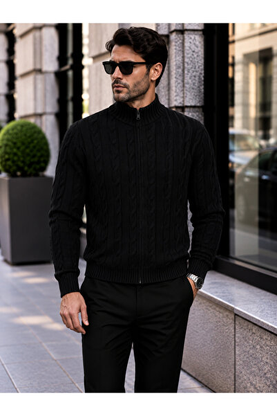 Generic Brand Men's Hair Knit Patterned Jacket with Zipper Detail