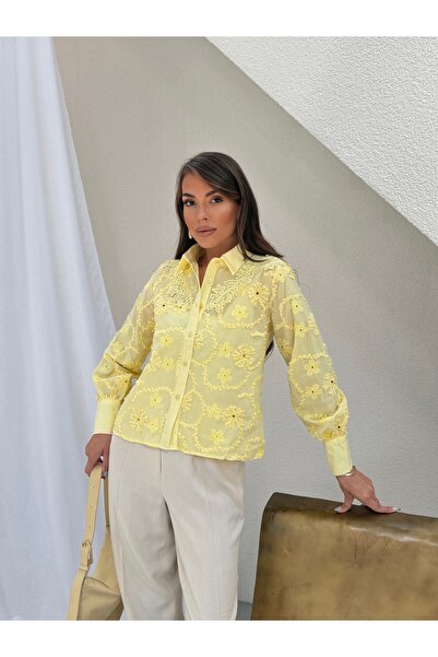 Hatun Atila Lace Guipure Floral Embroidered Buttoned Long Sleeve Shirt 030 - ...