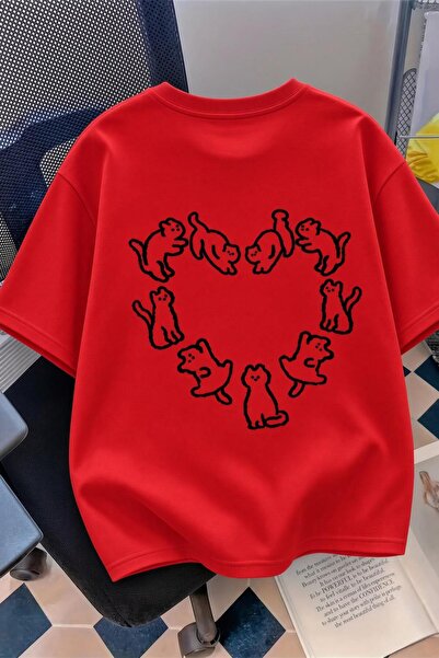 Oksit Cat Heart Pattern Oversize/Relaxed Cut Short Sleeve T-Shirt