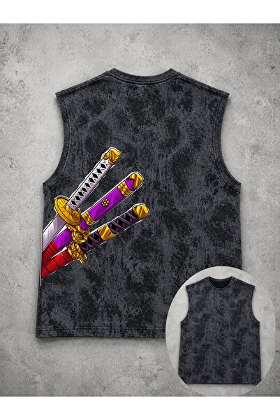 classy moda Unisex Black Washed Tank Top with Anime Characters Printed on the...