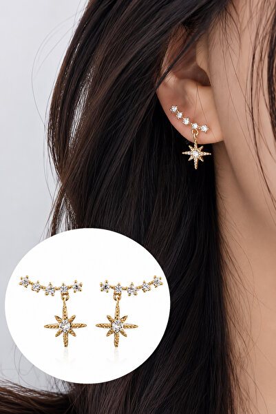 TREND COLLECTİON أقراط نسائية ذهبية مرصعة بالأحجار على شكل نجمة القطب