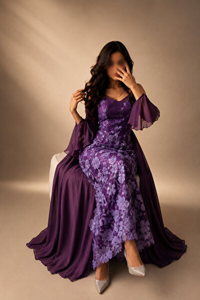 Generic Purple 3D Flower Embroidery Evening Dress Chiffon Sleeves