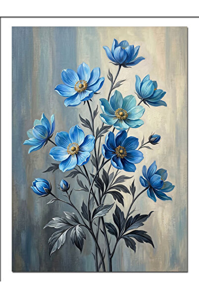 Artmeg Pânză decorativă cu buchet de flori albastre și frunze gri - Tablou di...