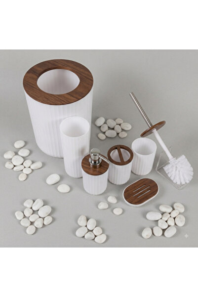 Ruhhy Set 6 Accesorii Baie , Alb/Maro, PP, ABS, Bambus si Otel Inoxidabil