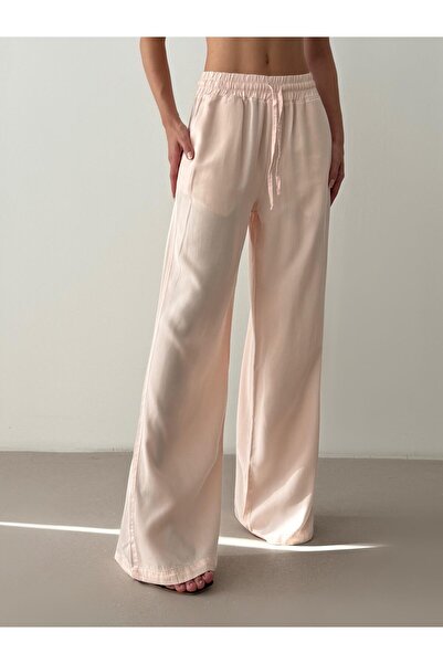 Moda Days Women's Pink Palazzo Trousers with Elastic Waist and Lace-Up Long W...