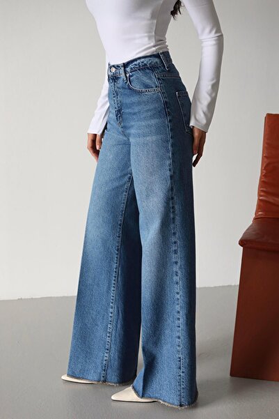 Clothes Fast Pantaloni de damă BLUE Jean, cu talie înaltă, model Palazzo, cu ...