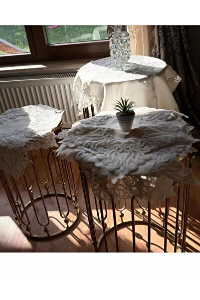 Ceki Home Σετ 5 τεμαχίων Gülseda Model Cream-White Λινό Δαντελένιο Σετ Τραπεζ...
