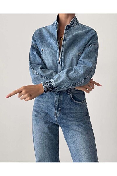 Clothes Fast Women's Blue Jean Jumpsuit with Zipper, Bomber Collar, Elastic W...