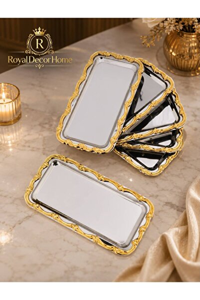 RoyalDecorHome Gümüş 6'lı Paslanmaz Çelik Gold Çerçeve Kahve Sunum Tepsisi Baton