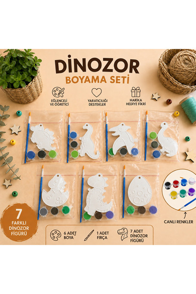 Regislunart 7’li Çocuk Boyama Seti - Asılabilir 3D Plastik Dinazor Figürleri,...