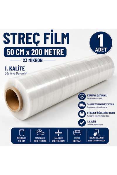 50 CM x 200 METRE 23 MİKRON STREÇ FİLM – 1. KALİTE – KOPMAYA DAYANIKLI – TAŞIMA VE NAKLİYE