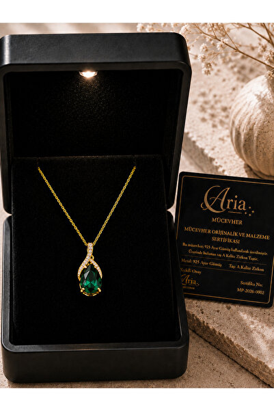 eva'sjewellery diamond Damla Zümrüt Kolye Zirkon Taşlı, 18 Ayar Altın Kaplama...