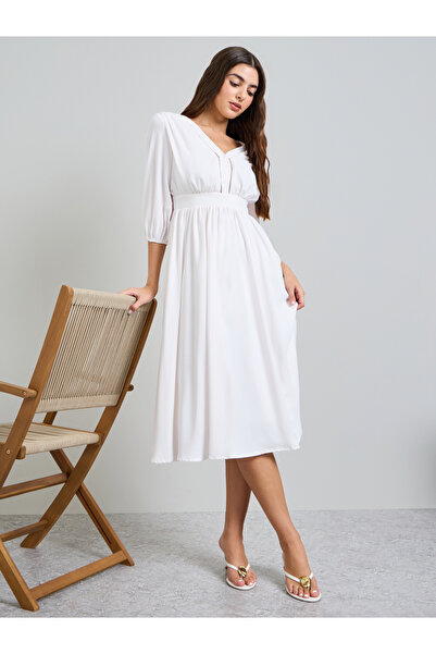 Styli White Solid 3/4 Sleeves A-Line Midi Dress