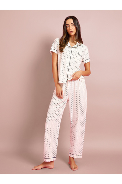 Styli Off White Polka Dot Pocket Detail Shirt and Pants Pyjama Set