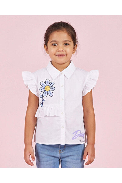 REDTAG Girls White Floral Printed Ruffle Sleeve Blouse
