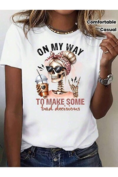 25W White Round Neck Short Sleeve Cotton T-Shirt With Funny Skeleton Print Fo...
