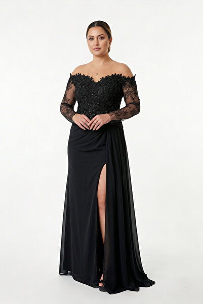 ÖMÜR INN Women's Plus Size Boat Neck Lace Sleeves Long Evening Dress 6639 Black