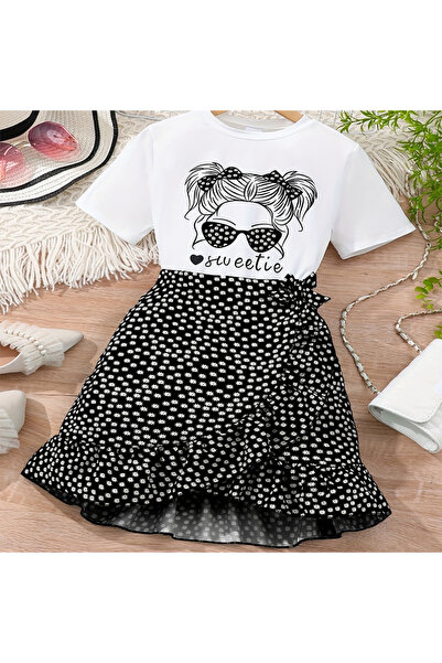 Take Two By Styli Girls Graphic Print T-Shirt and Wrap Skirt Set