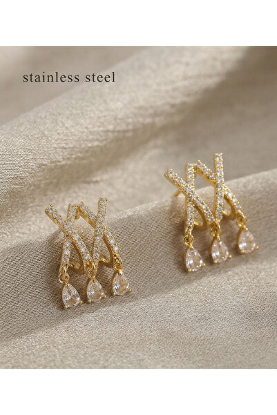 stainless steell أقراط من النحاس بلون ذهبي مرصعة بحجر الزركون طراز X بتفاصيل ...