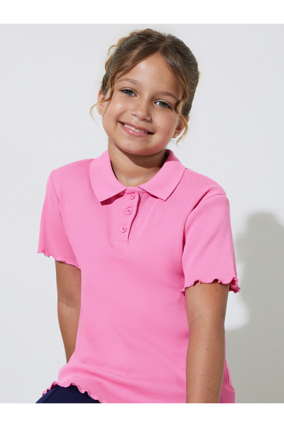 Styli Teen Girls Ribbed Polo T-Shirt with Lettuce Hem