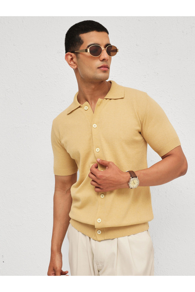Mascln Sassafras By Styli Men Beige Front Button Knitted Polo Shirt