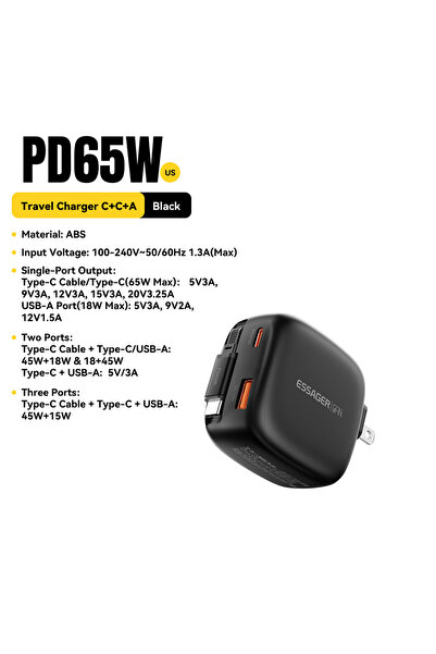 Choice ESSAGER US GaN Pro 65W Black Essager 65W GaN pro Charger with Retracta...