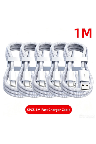 Choice5 White 5PCS-1M 5PCS USB A Cable to USB C 240W Fast Charging Charger Ca...