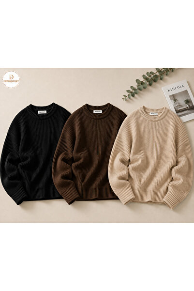 DepoExport Women's 3-Piece Crew Neck Oversize Knitwear Sweater Soft Knitted S...