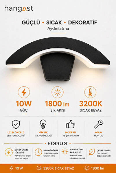 HANGAST LED Yarım Ay Duvar Apliği 10W 1800 lm 3200K Sıcak Beyaz Sensörsüz Modern Duvar Lambası