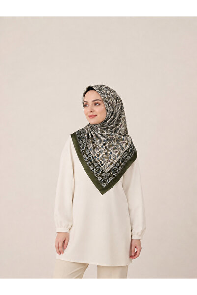 Fevora Khaki Green Floral Patterned 90X90 Square Shawl