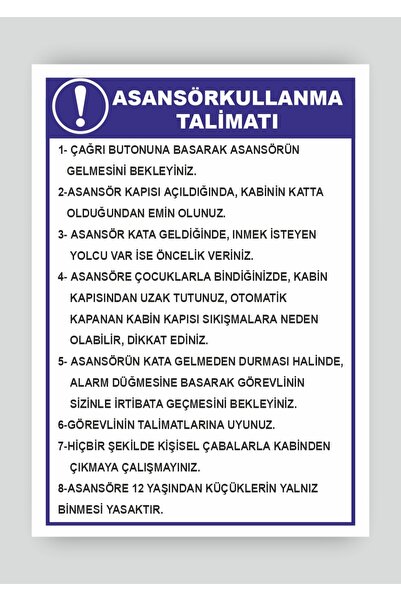 Market Uyarı Levhaları ''Asansör Kullanma Talimatı'' 25x35 cm folyo sticker uyarı levhası
