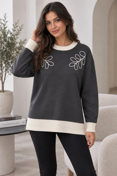 H&E LUXURY DESIGN Women's Crew Neck Fuzzy Knit Sweater – Leaf Pattern, Contra...