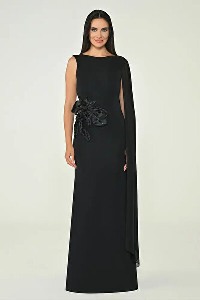 allura Sleeveless Low-cut Waist Chiffon Shawl Long Dress with Floral Accessor...