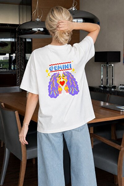 GIA - ART Women's Oversize T-Shirt Gemini Printed White – Crew Neck, Comforta...