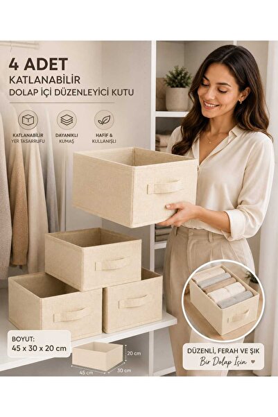 MorPort 4-Piece Cream Fabric Foldable Closet Organizer Box 45X30X20 cm |   Cl...