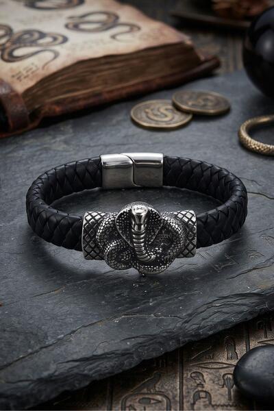 Prestige Stainless Steel and Leather Bracelet with Cobra Snake Figure 902867
