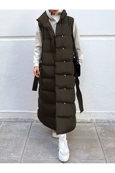 ladyzey Women's Khaki Stand-Up Collar Double-Pocketed Belted Long Puffer Vest