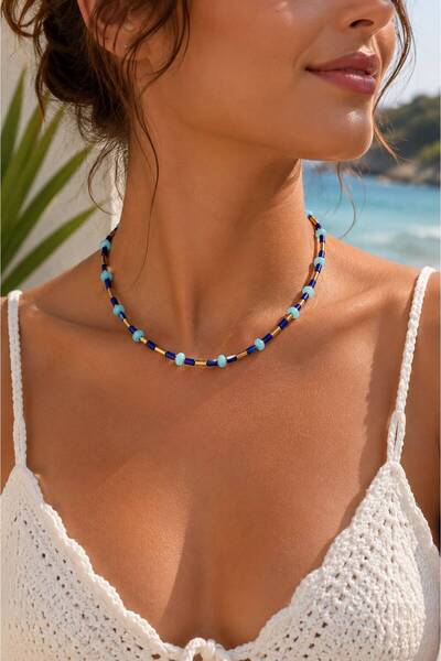 ANKA JEWELLRY Dark Blue & Turquoise Beaded Women's Necklace – Summer Stylish ...
