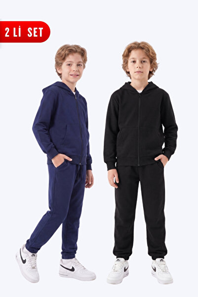 FYK KİDS Boy's 2-Piece Plain Basic Zippered Hooded Double Pocket Tracksuit Set