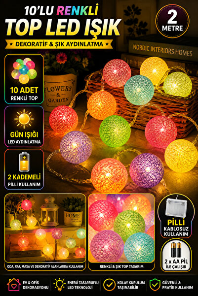 Hane Dostu 2 Metre 10’lu Renkli Top LED Dekoratif Işık Pilli Gün Işığı 2 Kade...