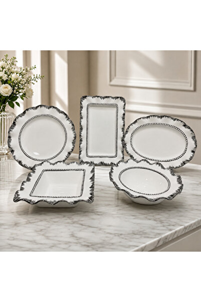 Hinora 5-Piece Porcelain Presentation and Serving Set – Gold/Silver Edged Sna...