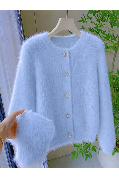 NATUFIAN STORE Women's Plush Look Soft Furry Crew Neck Basic Knitwear Cardigan