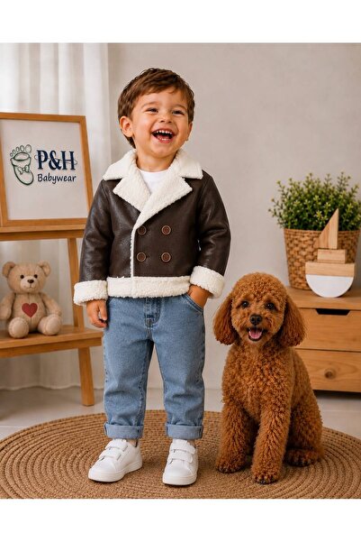 P&H BABYWEAR طقم شتوي أنيق للأطفال الأولاد مكون من 4 قطع مع معطف من الجلد الص...