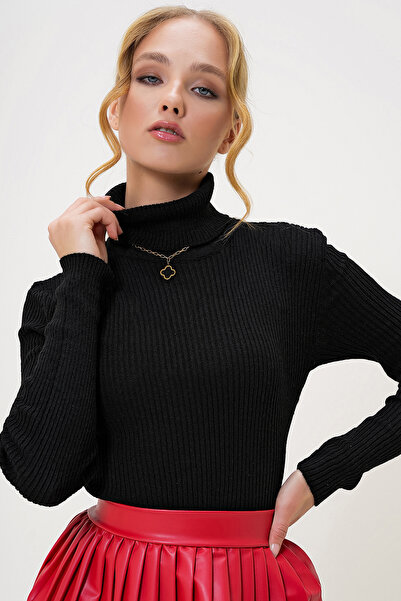 SUN BUTİK Black Turtleneck Ribbed Knit Sweater