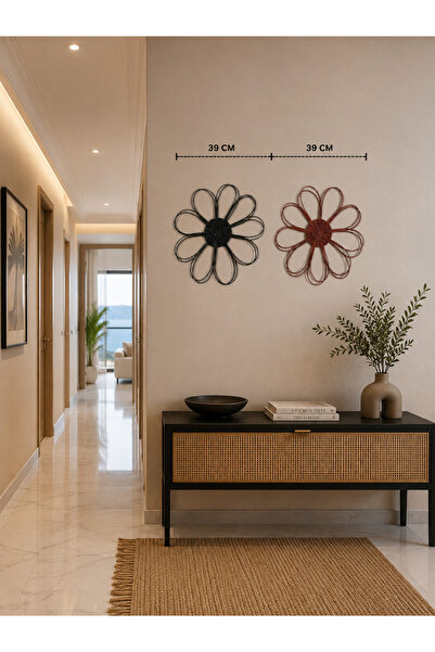 2'li Rattan Çiçek Duvar Dekoru Siyah Bordo 30 cm El Yapımı Bohem Duvar Süsü