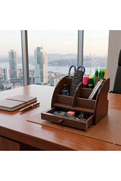 meridox MDF Ahşap Görünümlü Çekmeceli Masaüstü Organizer Kalemlik 1 Adet